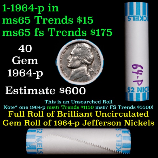 BU Shotgun Jefferson 5c roll, 1964-p 40 pcs Bank $2 Nickel Wrapper OBW