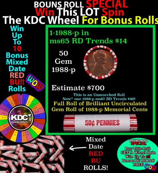 CRAZY Penny Wheel Buy THIS 1988-p solid Red BU Lincoln 1c roll & get 1-10 BU Red rolls FREE WOW