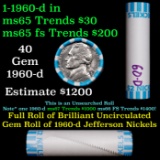 BU Shotgun Jefferson 5c roll, 1960-d 40 pcs Bank $2 Nickel Wrapper OBW