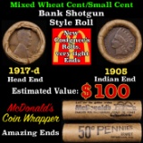 Lincoln Wheat Cent 1c Mixed Roll Orig Brandt McDonalds Wrapper, 1917-d end, 1905 Indian other end
