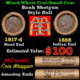 Lincoln Wheat Cent 1c Mixed Roll Orig Brandt McDonalds Wrapper, 1917-d end, 1888 Indian other end