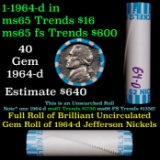 BU Shotgun Jefferson 5c roll, 1964-d 40 pcs Bank $2 Nickel Wrapper OBW