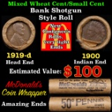 Lincoln Wheat Cent 1c Mixed Roll Orig Brandt McDonalds Wrapper, 1919-d end, 1900 Indian other end