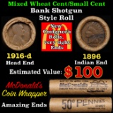 Lincoln Wheat Cent 1c Mixed Roll Orig Brandt McDonalds Wrapper, 1916-d end, 1896 Indian other end