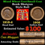 Lincoln Wheat Cent 1c Mixed Roll Orig Brandt McDonalds Wrapper, 1918-d end, 1908 Indian other end