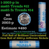 BU Shotgun Jefferson 5c roll, 2003-p 40 pcs Dunbar $2 Nickel Wrapper OBW