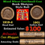 Lincoln Wheat Cent 1c Mixed Roll Orig Brandt McDonalds Wrapper, 1919-d end, 1901 Indian other end