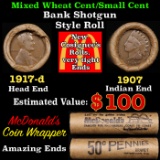 Lincoln Wheat Cent 1c Mixed Roll Orig Brandt McDonalds Wrapper, 1917-d end, 1907 Indian other end