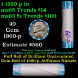 BU Shotgun Jefferson 5c roll, 1960-p 40 pcs Bank $2 Nickel Wrapper OBW