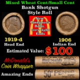 Lincoln Wheat Cent 1c Mixed Roll Orig Brandt McDonalds Wrapper, 1919-d end, 1906 Indian other end