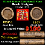 Lincoln Wheat Cent 1c Mixed Roll Orig Brandt McDonalds Wrapper, 1917-d end, 1907 Indian other end