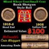 Lincoln Wheat Cent 1c Mixed Roll Orig Brandt McDonalds Wrapper, 1918-d end, 1902 Indian other end