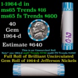 BU Shotgun Jefferson 5c roll, 1964-d 40 pcs Bank $2 Nickel Wrapper OBW
