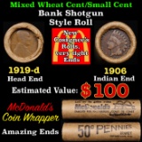 Lincoln Wheat Cent 1c Mixed Roll Orig Brandt McDonalds Wrapper, 1919-d end, 1906 Indian other end