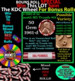 1-10 FREE BU RED Penny rolls with win of this 1961-d SOLID RED BU Lincoln 1c roll incredibly FUN whe