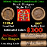 Lincoln Wheat Cent 1c Mixed Roll Orig Brandt McDonalds Wrapper, 1919-d end, 1907 Indian other end