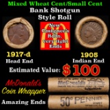 Lincoln Wheat Cent 1c Mixed Roll Orig Brandt McDonalds Wrapper, 1917-d end, 1905 Indian other end