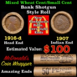 Lincoln Wheat Cent 1c Mixed Roll Orig Brandt McDonalds Wrapper, 1916-d end, 1907 Indian other end