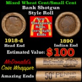 Lincoln Wheat Cent 1c Mixed Roll Orig Brandt McDonalds Wrapper, 1918-d end, 1890 Indian other end