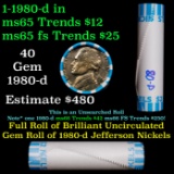 BU Shotgun Jefferson 5c roll, 1980-p 40 pcs Bank $2 Nickel Wrapper