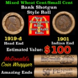 Lincoln Wheat Cent 1c Mixed Roll Orig Brandt McDonalds Wrapper, 1919-d end, 1901 Indian other end