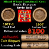 Lincoln Wheat Cent 1c Mixed Roll Orig Brandt McDonalds Wrapper, 1919-d end, 1907 Indian other end