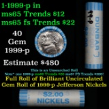 BU Shotgun Jefferson 5c roll, 1999-p 40 pcs Dunbar $2 Nickel Wrapper