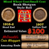 Lincoln Wheat Cent 1c Mixed Roll Orig Brandt McDonalds Wrapper, 1916-d end, 1907 Indian other end