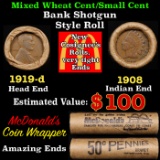 Lincoln Wheat Cent 1c Mixed Roll Orig Brandt McDonalds Wrapper, 1919-d end, 1908 Indian other end