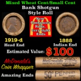 Lincoln Wheat Cent 1c Mixed Roll Orig Brandt McDonalds Wrapper, 1919-d end, 1888 Indian other end