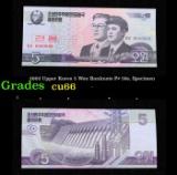 2002 Upper Korea 5 Won Banknote P# 58s, Specimen Grades Gem+ CU