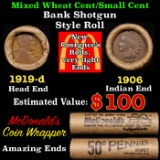 Lincoln Wheat Cent 1c Mixed Roll Orig Brandt McDonalds Wrapper, 1919-d end, 1906 Indian other end