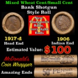 Lincoln Wheat Cent 1c Mixed Roll Orig Brandt McDonalds Wrapper, 1917-d end, 1906 Indian other end