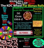 1-10 FREE BU RED Penny rolls with win of this 1964-d SOLID RED BU Lincoln 1c roll incredibly FUN whe