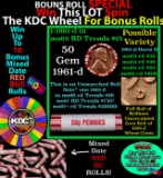 1-10 FREE BU RED Penny rolls with win of this 1961-d SOLID RED BU Lincoln 1c roll incredibly FUN whe