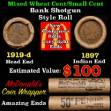 Lincoln Wheat Cent 1c Mixed Roll Orig Brandt McDonalds Wrapper, 1919-d end, 1897 Indian other end