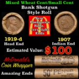 Lincoln Wheat Cent 1c Mixed Roll Orig Brandt McDonalds Wrapper, 1919-d end, 1907 Indian other end