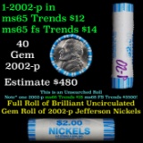 BU Shotgun Jefferson 5c roll, 2002-p 40 pcs Bank $2 Nickel Wrapper OBW