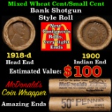 Lincoln Wheat Cent 1c Mixed Roll Orig Brandt McDonalds Wrapper, 1918-d end, 1900 Indian other end