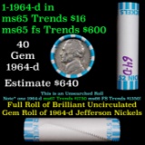 BU Shotgun Jefferson 5c roll, 1964-d 40 pcs Bank $2 Nickel Wrapper OBW