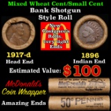 Lincoln Wheat Cent 1c Mixed Roll Orig Brandt McDonalds Wrapper, 1917-d end, 1896 Indian other end