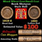 Lincoln Wheat Cent 1c Mixed Roll Orig Brandt McDonalds Wrapper, 1919-d end, 1890 Indian other end