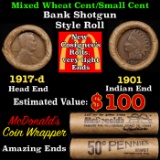Lincoln Wheat Cent 1c Mixed Roll Orig Brandt McDonalds Wrapper, 1917-d end, 1901 Indian other end