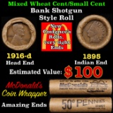 Lincoln Wheat Cent 1c Mixed Roll Orig Brandt McDonalds Wrapper, 1916-d end, 1895 Indian other end