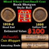Lincoln Wheat Cent 1c Mixed Roll Orig Brandt McDonalds Wrapper, 1919-d end, 1895 Indian other end