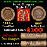 Lincoln Wheat Cent 1c Mixed Roll Orig Brandt McDonalds Wrapper, 1918-s end, 1907 Indian other end