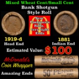 Lincoln Wheat Cent 1c Mixed Roll Orig Brandt McDonalds Wrapper, 1919-d end, 1891 Indian other end