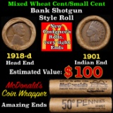 Lincoln Wheat Cent 1c Mixed Roll Orig Brandt McDonalds Wrapper, 1918-d end, 1901 Indian other end