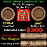 Lincoln Wheat Cent 1c Mixed Roll Orig Brandt McDonalds Wrapper, 1919-d end, 1907 Indian other end