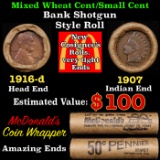 Lincoln Wheat Cent 1c Mixed Roll Orig Brandt McDonalds Wrapper, 1919-d end, 1907 Indian other end
